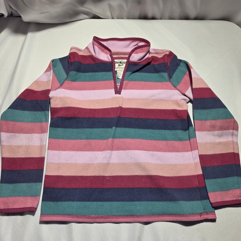 OshKosh Bgosh Girls Fleece Pullover Quarter Zip Striped Pink Purple Teal Size 12